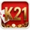 K21 Game APK logo with gold 3D text, playing cards and coins