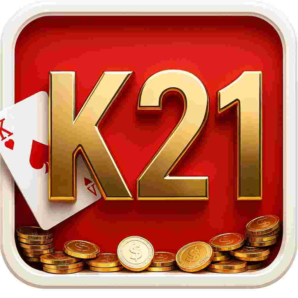 K21 Game APK logo with gold 3D text, playing cards and coins