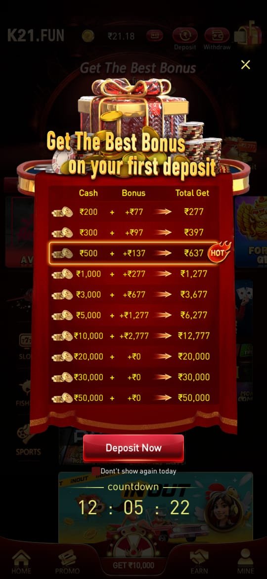 K21 Game APK logo gold 3D text with playing cards and gold coins